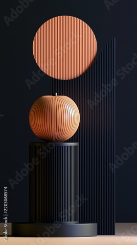 Modern orange striped sphere on a matte black pedestal with geometric forms, creating a sleek minimalist Halloween product display in bold seasonal colors.