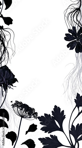 Black botanical flowers, roots and foliage frame a clean white background with generous copy space, ideal for elegant gothic Halloween posters, invitations and seasonal designs.