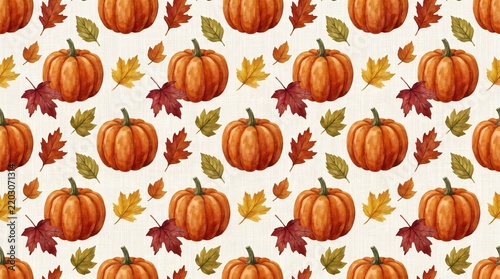 Autumn Watercolor Pumpkin and Leaves Seamless Pattern