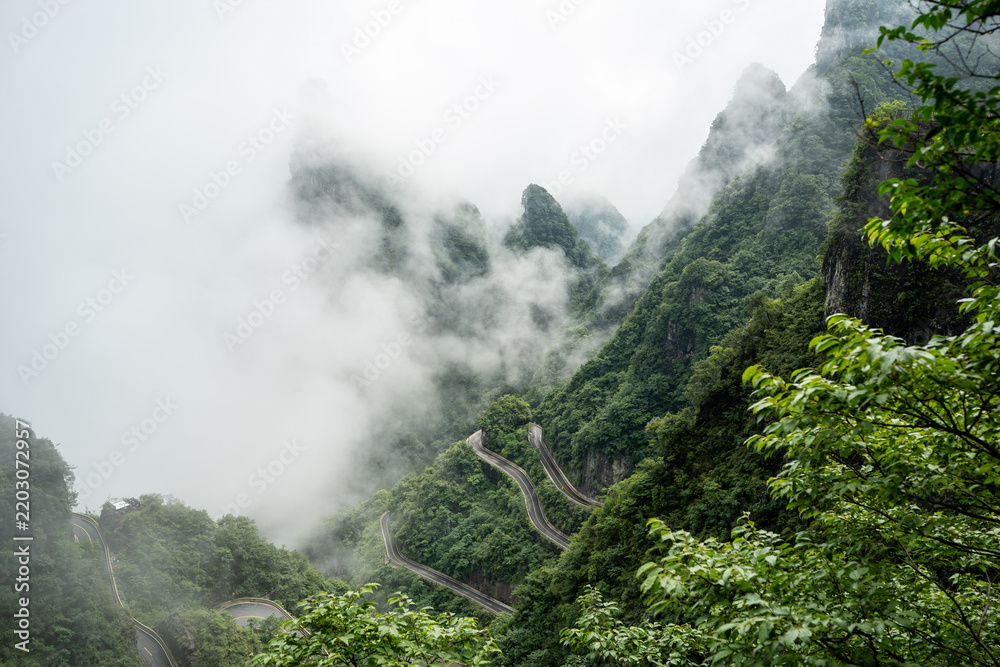 Obraz premium A dramatic bird's-eye perspective of the famous winding serpentine road cutting through the steep, mist-covered karst mountains of Tianmen Mountain National Park in China.