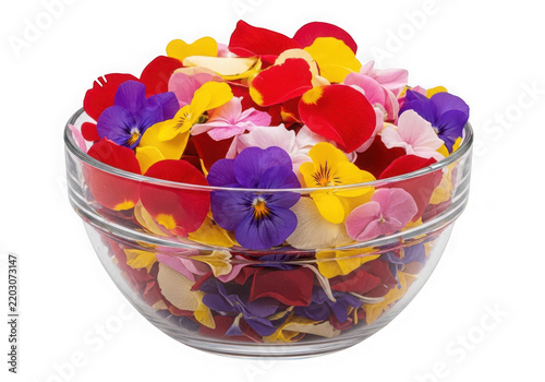 Colorful edible flower petals in glass bowl