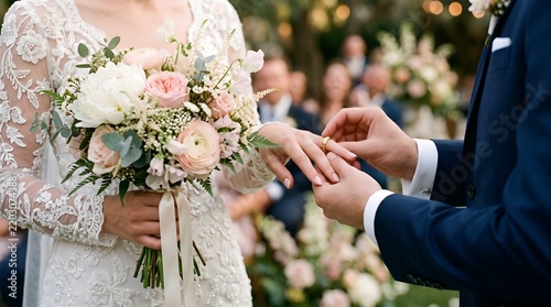 Groom putting wedding ring on bride finger at outdoor ceremony 
