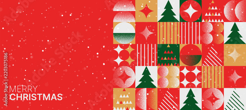 Merry Christmas greeting with geometric holiday pattern on red background. Bauhaus style vector art. Holiday card and poster design.