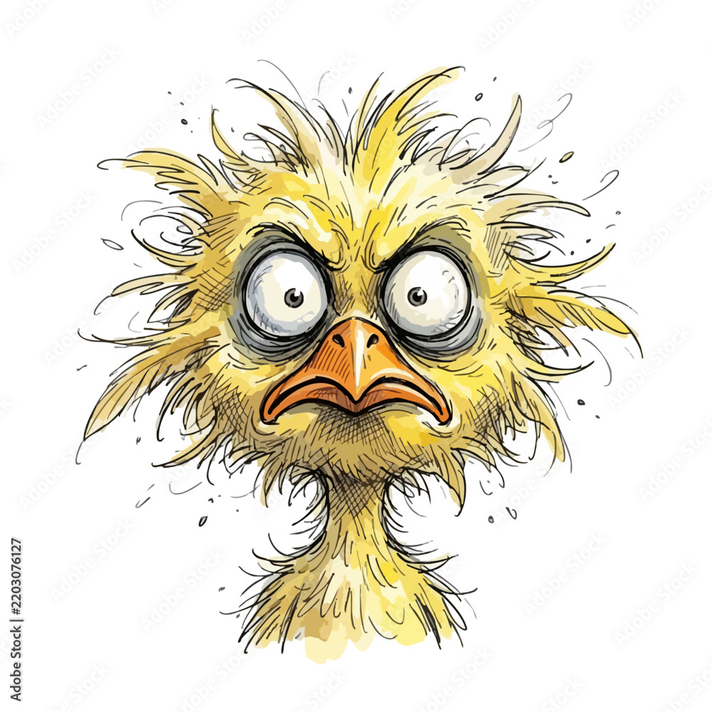 Fototapeta premium Crazy cartoon chick with messy yellow feathers and wide eyes watercolor illustration, funny little yellow chick looking frantic