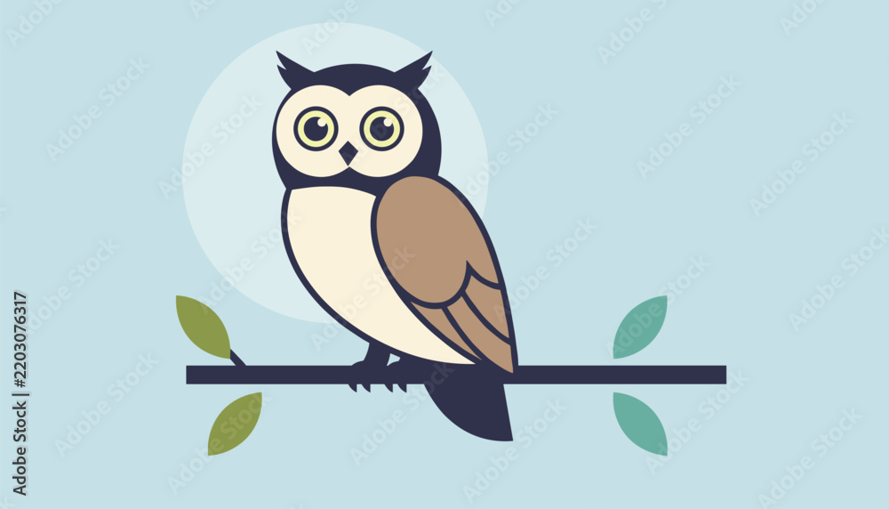 Obraz premium Wise looking owl with large eyes sits calmly on a dark tree branch against the backdrop of a glowing full moon and night sky.