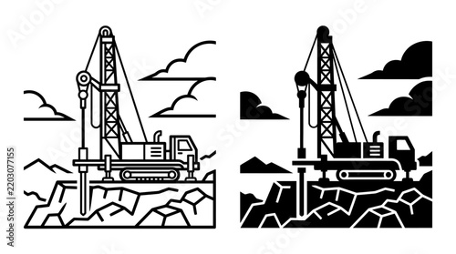 Set of black and white vector icons showing a construction drilling machine on a rocky terrain.