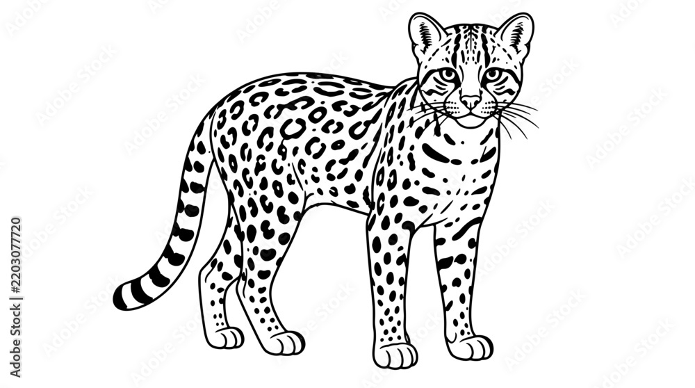 Obraz premium Line art illustration of a standing ocelot facing forward with rosette spots, striped head, whiskered muzzle and ringed tail drawn in bold contours in side stance accentuating dense spotted flank coat