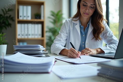 Regulatory Specialist Focused at a Neatly Arranged Desk, Analyzing Submission for the Ethics Committee Amidst Document Stacks and a Laptop