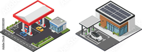 Isometric gas station and electric vehicle charging station with solar panels set