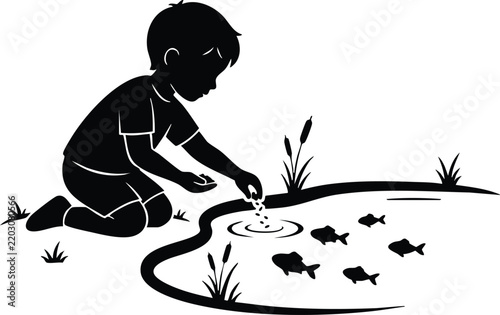 Black and White Silhouette Vector Illustration of a Person Caring for and Touching a Large Leafy Tree Standing in Grass with Foliage Isolated on a Clean White Background