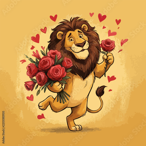 Happy romantic lion character holding a bouquet of red roses with romantic character valentine affection celebration wildlife