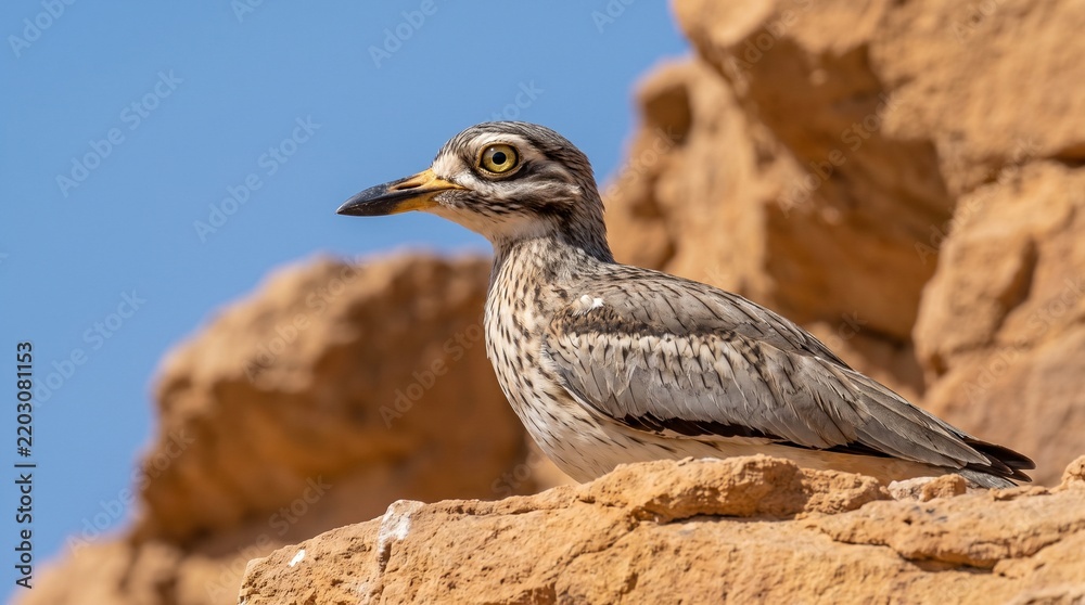 Fototapeta premium Indian stone-curlew bird perched on rocky cliff wilderness exploration