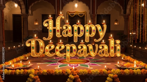 Golden Happy Deepavali Text Illuminated with Diyas and Marigold Flowers in Traditional Courtyard