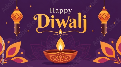 Happy Diwali Festive Greeting with Lit Diya and Decorative Lanterns on Purple Background