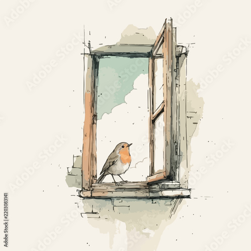 Small robin bird sitting on a rustic wooden window frame illustration with wildlife perching illustration watercolour artistic