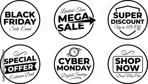 Collection of retail discount badges for black friday and cyber monday mega sale marketing