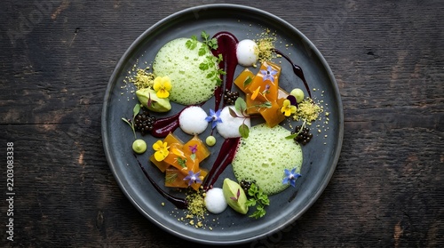 Molecular gastronomy concept, foam and gel art on plate, aerial, dark surface, no text no people