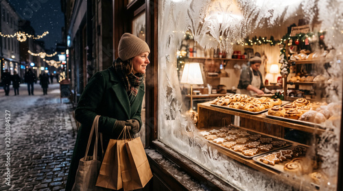 Woman with shopping bags looking at festive bakery window display on snowy winter night