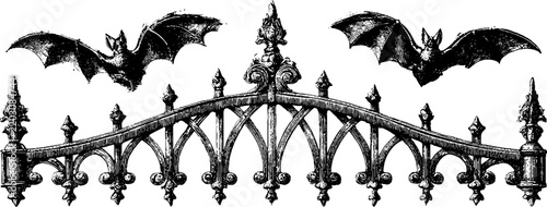 Antique engraved iron gate with flying bats isolated on white for halloween banner and poster design vintage gothic background
