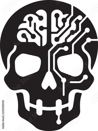 Stylized cybernetic skull icon with brain circuitry pattern in a flat monochromatic design