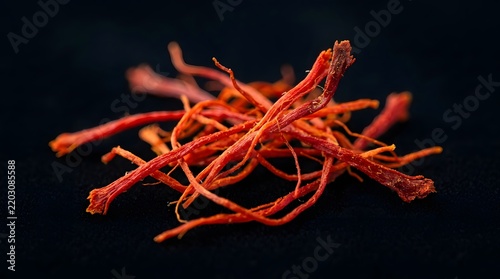 Saffron threads macro extreme detail, vivid orange-red, dark background, no text