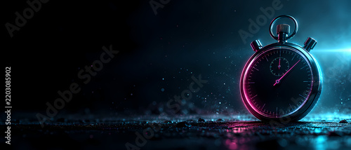 A blue and magenta neon stopwatch stands on a rough dark surface at the right, reflected below and backlit by cyan light, while the wide black space to the left evokes time, speed and anticipation