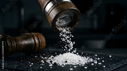 Salt and pepper grinder macro, spilling crystals, dark dramatic, no text no people