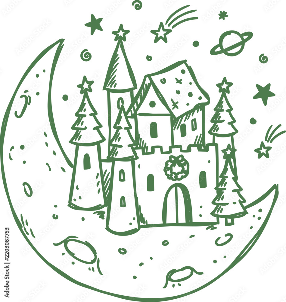 Obraz premium Naive christmas castle on crescent moon illustration