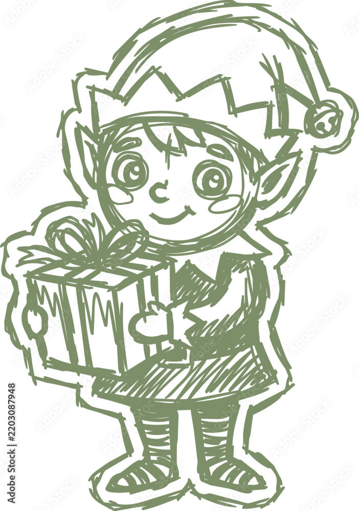 Obraz premium Christmas elf holding a wrapped gift in naive illustration style
