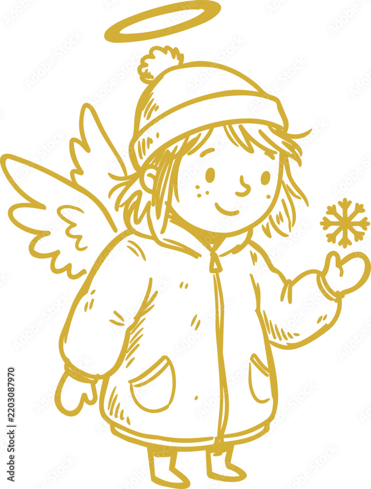Obraz premium Naive winter angel line illustration with halo and snowflake
