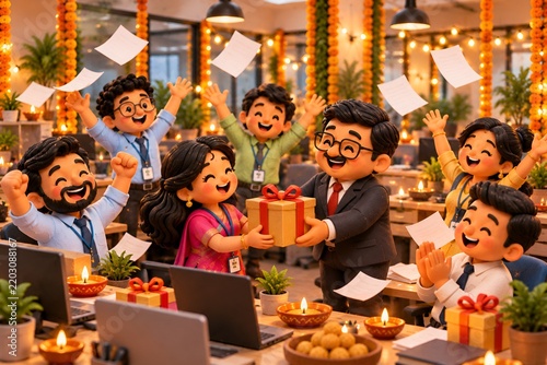 Happy Indian Family Celebrating Diwali Festival Together at Home with Gifts, Traditional Sweets and Festive Decorations