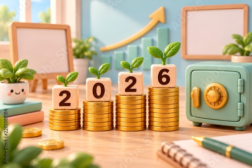 2026 Financial Growth Concept with Golden Coins, Savings Vault and Growing Plant for Investment and Wealth Planning