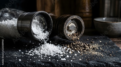 Salt and pepper grinder macro, spilling crystals, dark dramatic, no text no people