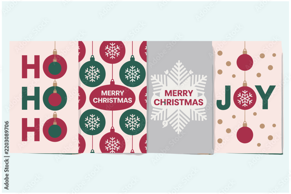 Obraz premium Set of four festive christmas greeting card designs with holiday ornaments and typography
