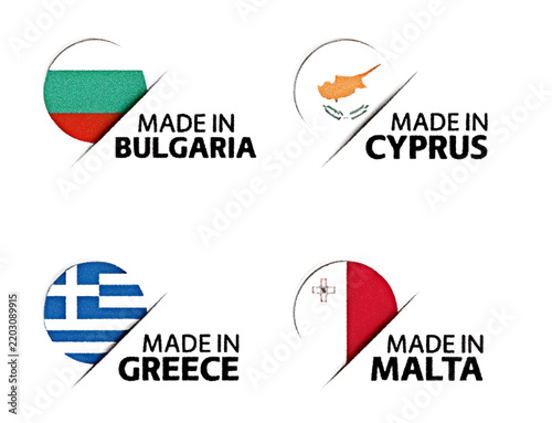 Collection of made in labels for bulgaria, cyprus, greece, and malta with national flags for product branding.