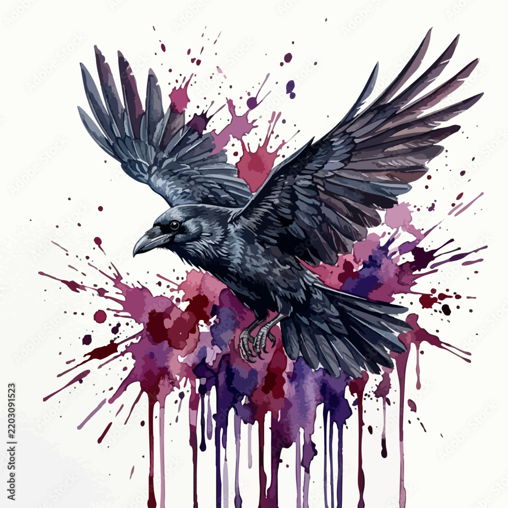 Obraz premium Raven bird in flight with watercolor paint splatters and drips watercolor splatter painting wildlife colorful abstract