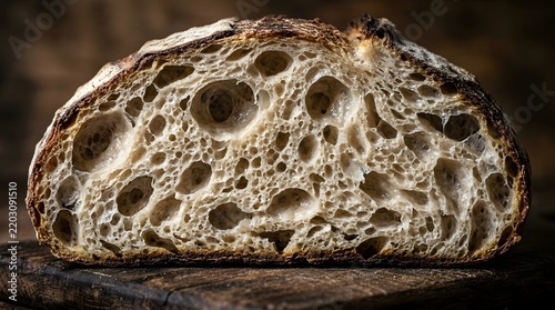 Sourdough bread cross section macro, bubble structure, dramatic light, no text no people