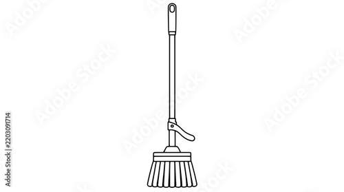 Black outline vector icon of a long-handled deck scrub brush with rectangular grip, straight pole, side squeeze lever and dense bristle head drawn in thin black lines centered upstanding