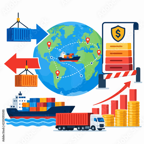 Global trade tariff and import export diagram showing cargo ships containers truck world map supply routes customs duty charges landed cost impact and rising commercial expenses overview
