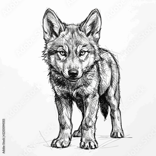 Pencil sketch drawing of a standing young wolf cub with wildlife illustration graphite detailed portrait standing wilderness