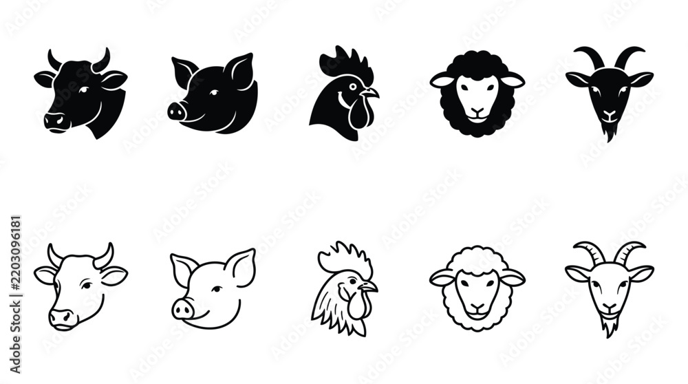 Fototapeta premium Farm animal head silhouettes are displayed within rounded square frames