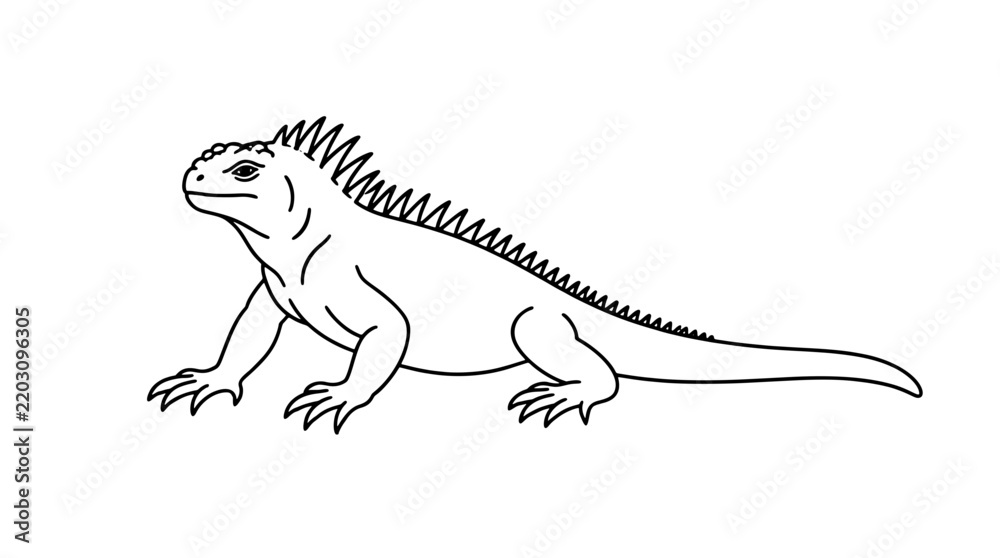 Obraz premium Black outline vector icon of a marine iguana in side profile with spiky dorsal ridge, rounded snout, clawed feet and long tapering tail drawn with medium lines in centered composition