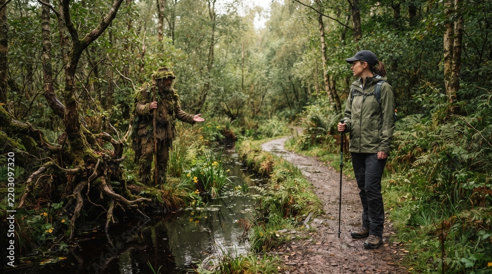 Fototapeta premium Leshy guardian guiding a traveler beside wetland