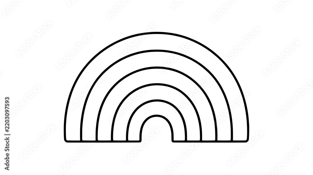 Obraz premium Black outline vector icon of a six-band rainbow arch with concentric semicircular stripes and flat base ends rendered with bold uniform lines in balanced minimalist decorative emblem design
