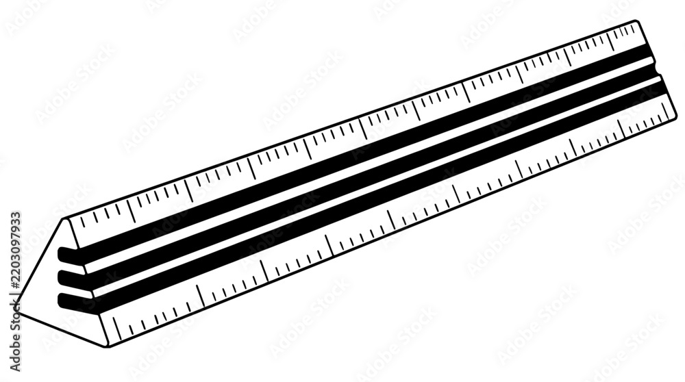 Fototapeta premium Black outline vector icon of a triangular scale ruler with red green and blue lengthwise grooves and ticked faces drawn with bold outlines in diagonal layout highlighting three colored edges