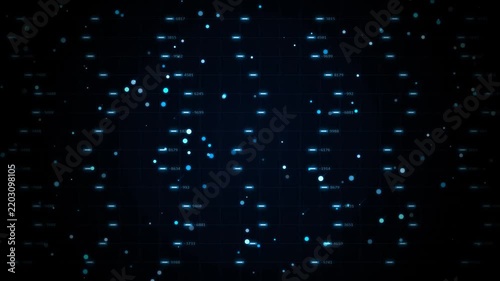Abstract data processing on dark background with blue glowing lines and floating particles, seamless loop.