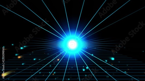 Dynamic blue light rays and glowing particles move across dark digital grid background futuristic motion.