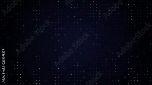 Glittering digital dots moving in dark grid pattern representing complex data network structure.