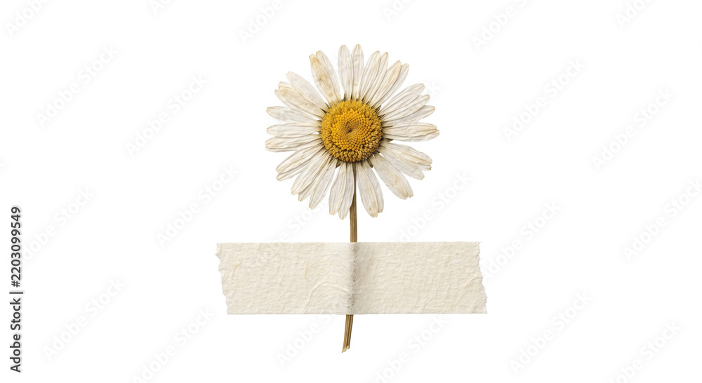 Fototapeta premium A single pressed daisy flower attached to a white background with a strip of textured masking tape