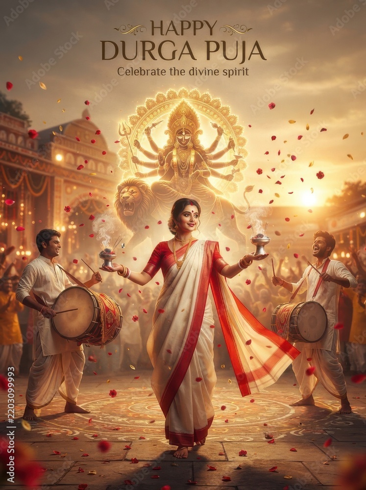 Fototapeta premium Happy durga puja celebration with a woman performing dhunuchi dance, traditional drummers, and a divine glowing goddess durga idol in the background at sunset
